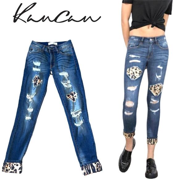 Kancan Womens Vienna Mid Rise Leopard Patch Super Skinny Jeans - Picture 1 of 15